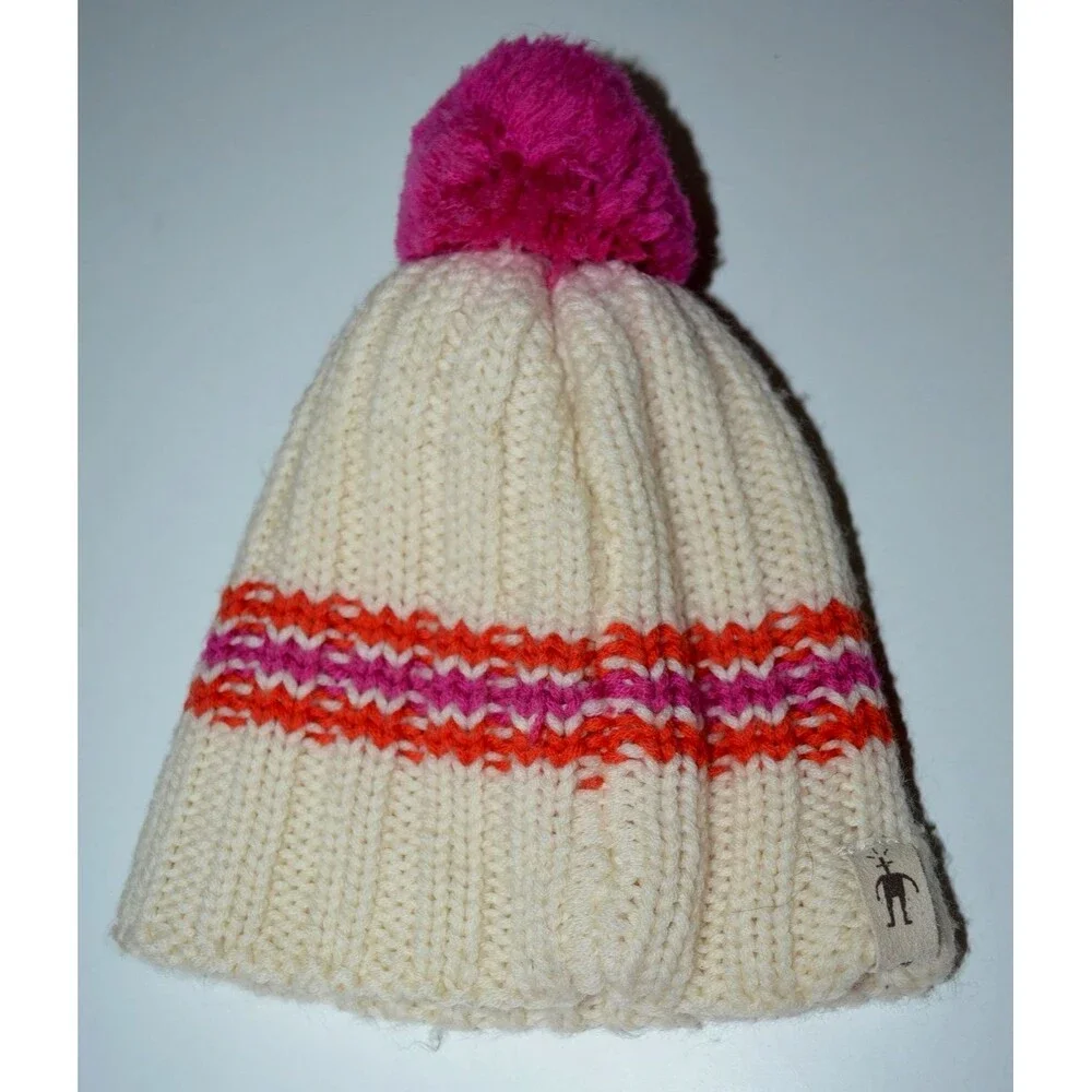 SMARTWOOL Winter Hat Beanie Girl's Medium Merino Wool Ivory Orange Pink Pom Pom